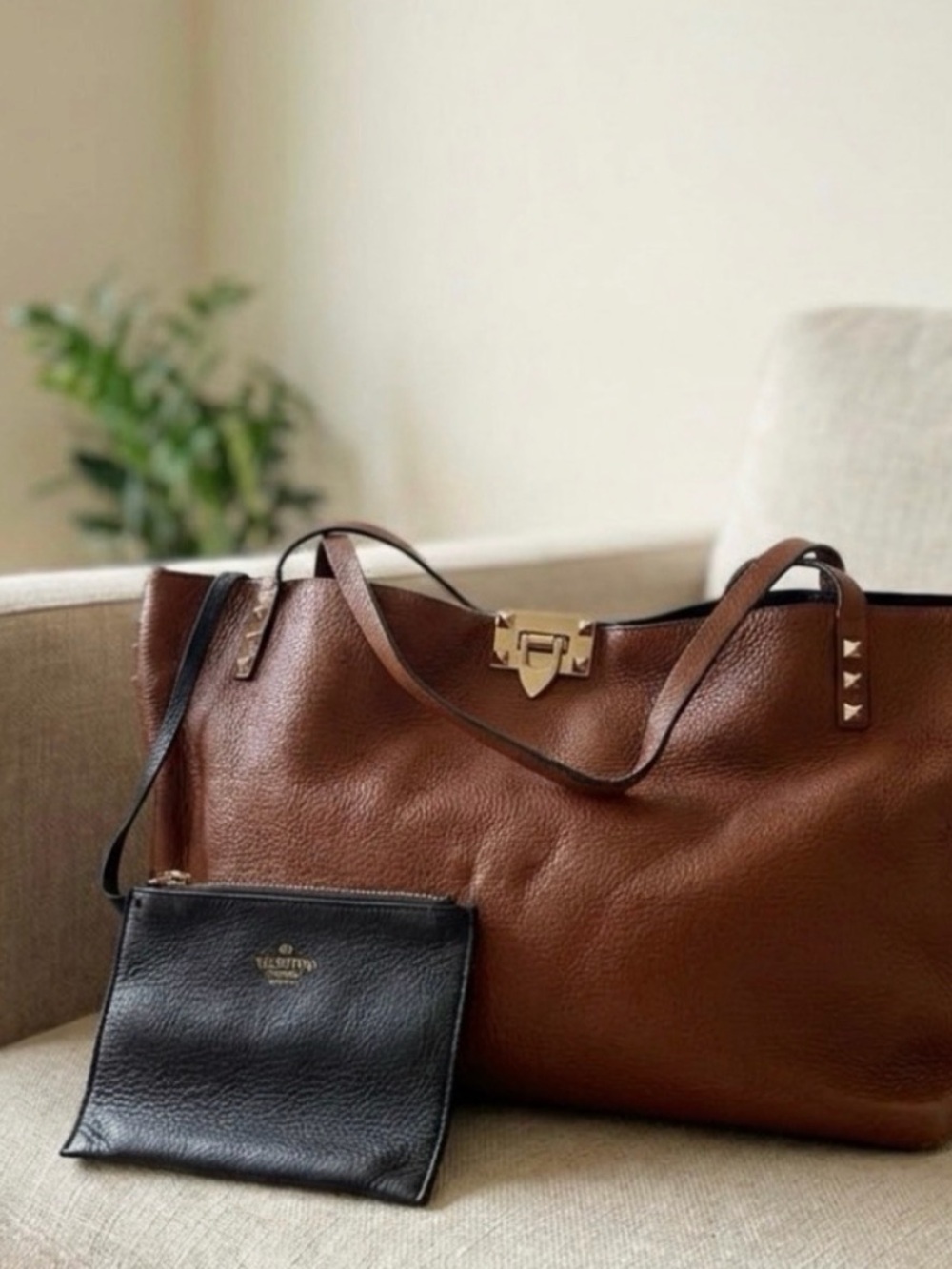 Valentino Garavani Rockstud Grain Calfskin Tote with Pouch, Brown